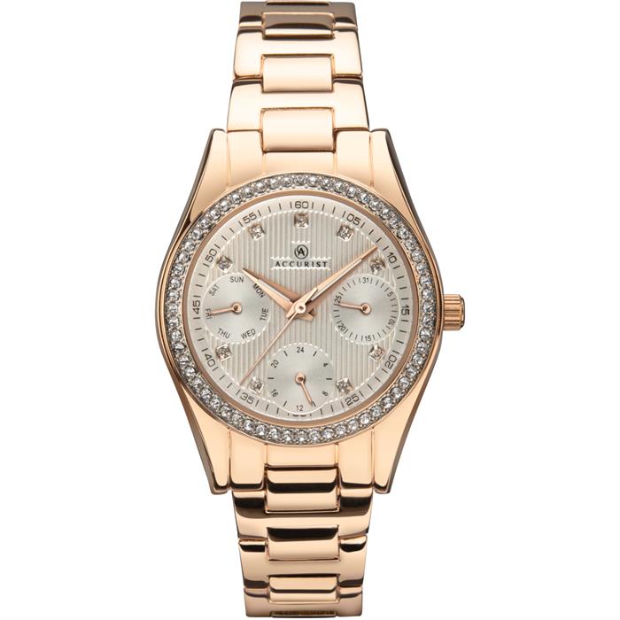 Accurist Ladies Rose Gold Stone Set Multi Function Watch with Bracelet - 020393