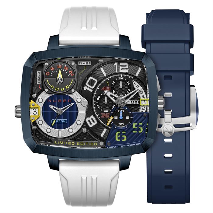 Nubeo Gents Odyssey Triple Time Zone Chronograph Ltd Ed with Two Silicone Straps - White