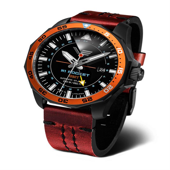 Vostok Europe Rocket N1- Gents, Automatic GMT, Black PVD case Watch with Leather Strap - 072843