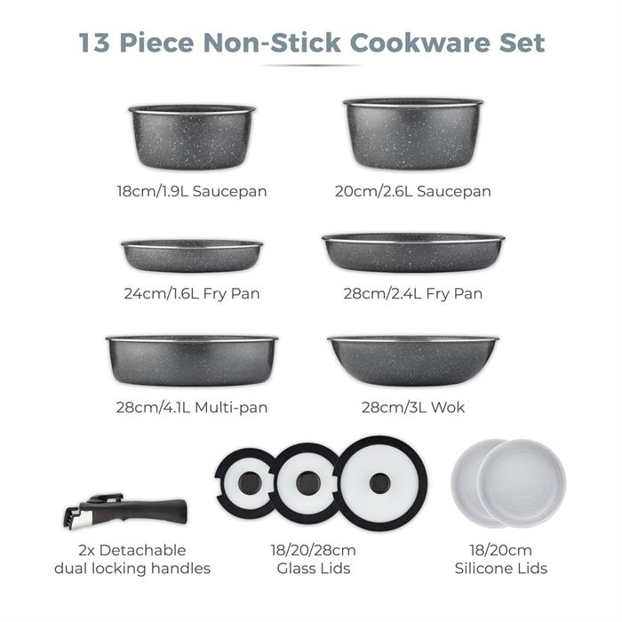 Tower T900140 Stackable 13pc Non-Stick Cookware Set with Detachable Handles - 114940