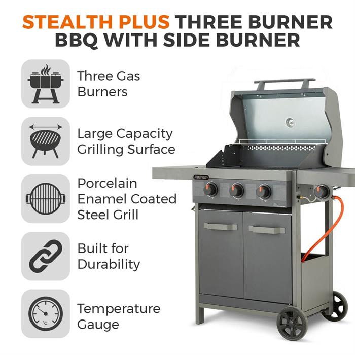 Tower Stealth Plus Three Burner Gas BBQ with Side Burner - 156006