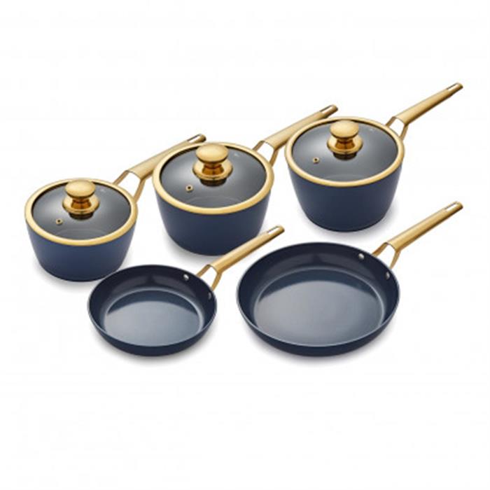 Tower 5 Piece Ceramic Non Stick Pan Set - Midnight Blue & Gold