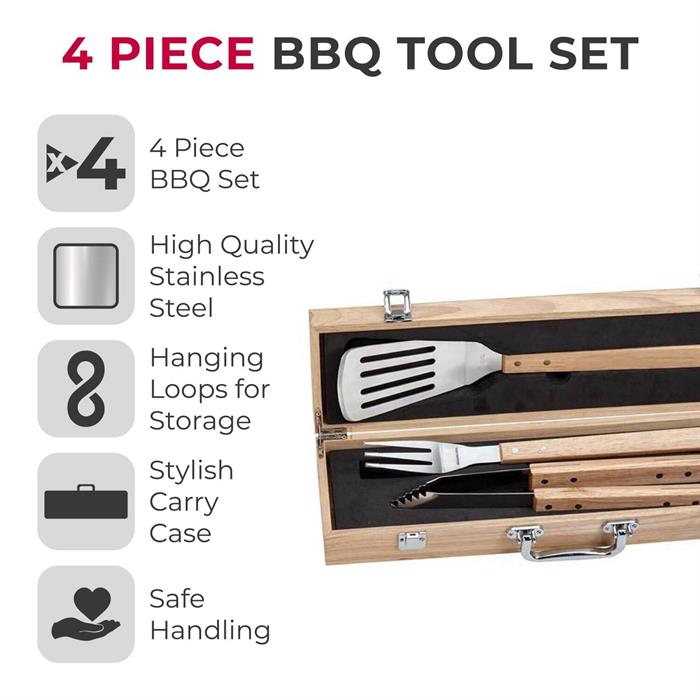 Tower BBQ 4 Piece Tool Set with Wooden Handles and Carry Case - 247924
