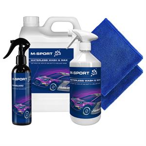 M-Sport Waterless Wash & Wax 5 Piece Kit - 1 x 1L Wash & Wax, 1 x 2.5L Refill. 250ml Rainguard and 2 Cloths - 249656