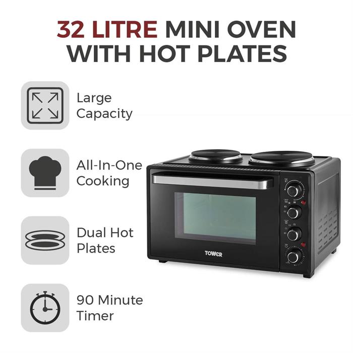 Tower Mini Oven with Dual Hot Plates 32L with 90 Minute Timer - All in One Cooking - 275759