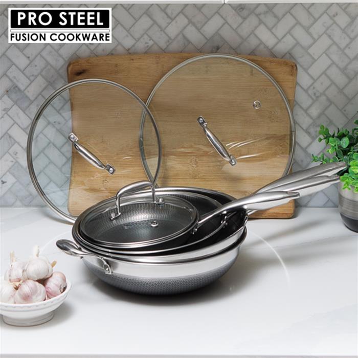 PRO STEEL Fusion 7pc Frying Cookware Set  - Pans and Lids in 20cm, 26cm and 30cm plus Wok 30cm   - 302372