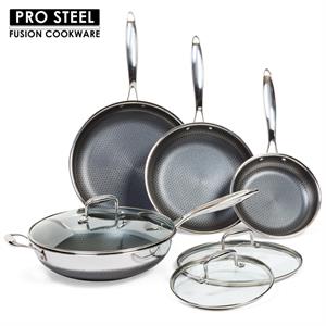 PRO STEEL Fusion 7pc Frying Cookware Set  - Pans in 20cm, 26cm and 30cm,Wok 30cm and Lids in 20cm, 26cm and 30cm  - 302372