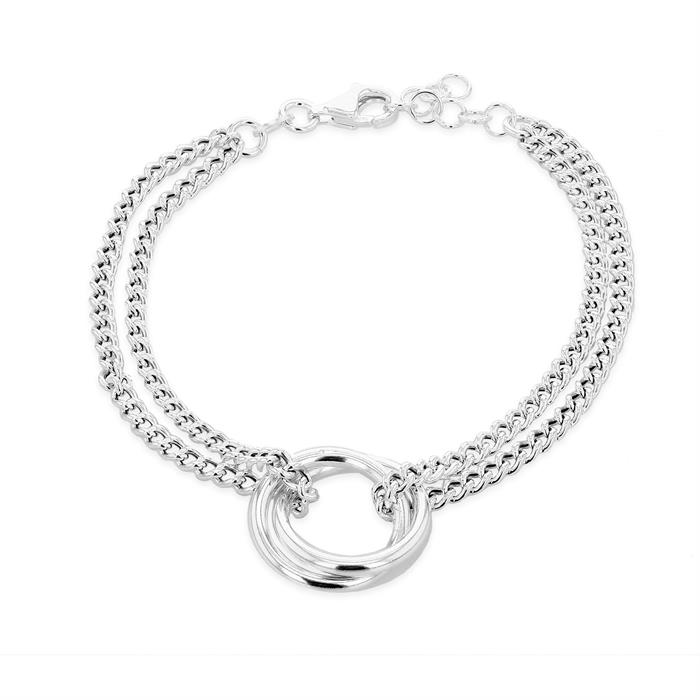 Faith & Brown Italian Crafted 2 Rings Curb Chain Bracelet in Sterling Silver 7" + 1" - 314363