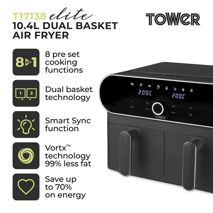 Tower T17138 Vortx Elite Dual Basket Air Fryer 10.4L with Sync Finish 1700W - 328831