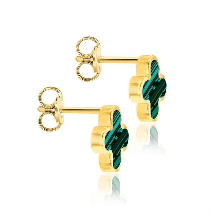 Faith & Brown 9k Gold Malachite Clover Stud Earrings - 391321