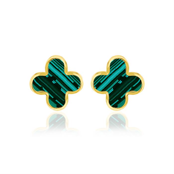 Faith & Brown 9k Gold Malachite Clover Stud Earrings - 391321