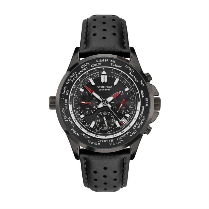 Sekonda Gents Sports Dual And World Time Watch with Leather Strap - 452349