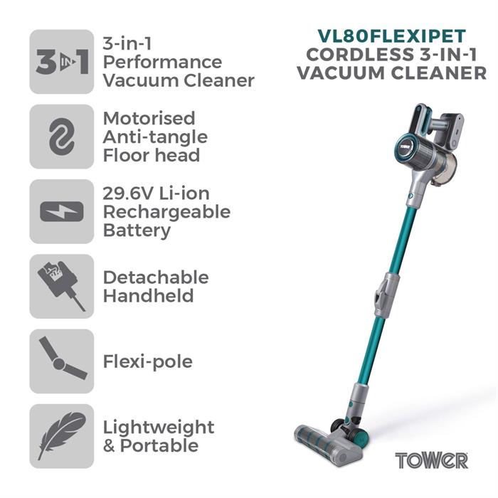 Tower VL80 Pets Cordless 3 in 1 Pole Vacuum Cleaner with Flexi Pole, HEPA Filter & Anti Tangle Floor Head - 460569