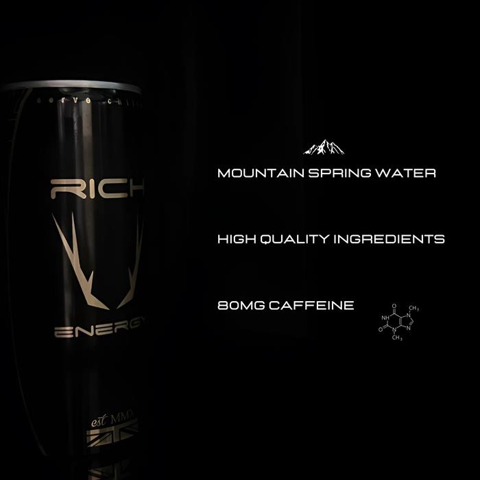 Rich Energy Drink - Premium British Energy Drinks with Pure Mountain Spring Water - 250ml x 24 Cans - 463729