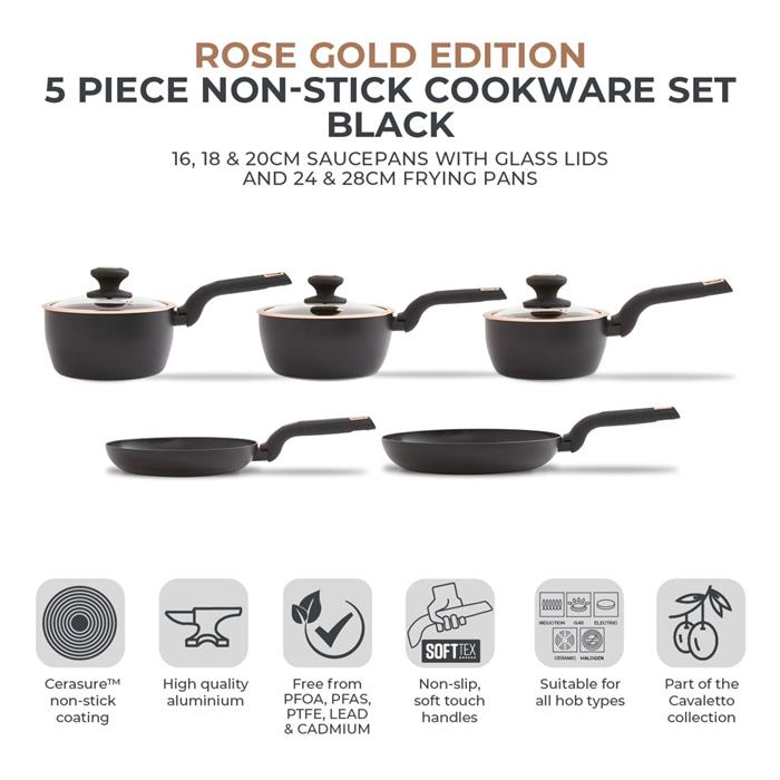 Tower Calvetto 5 Piece Cookware Set - 16cm, 18cm & 20cm Saucepans with Lids and 2 x Non-Stick Frying Pans 24cm & 28cm - 512763