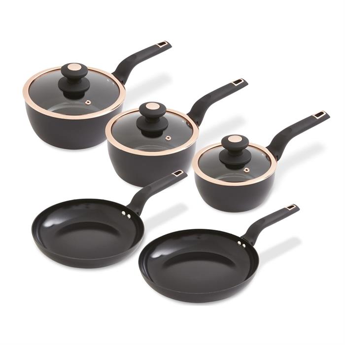 Tower Calvetto 5 Piece Cookware Set - 16cm, 18cm & 20cm Saucepans with Lids and 2 x Non-Stick Frying Pans 24cm & 28cm - 512763