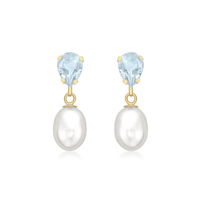 9K Yellow Gold Freshwater Cultured Pearl and Blue Topaz Earrings - 562766
