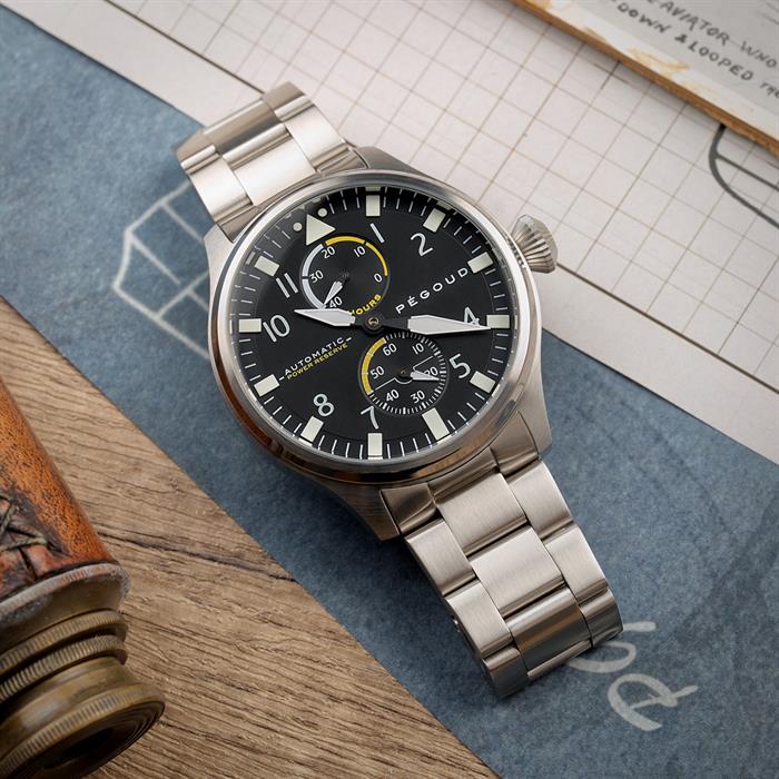Pegoud Pilotage Power Reserve Automatic Watch with Stainless Steel Bracelet and Complimentary Gift - 598414