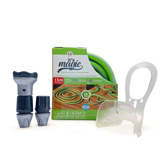 15m Expanding Hose Kit 19mm Diameter with 2 x Quick Connectors, 1 x Multi Spray and Storage Tap Hook - 608082