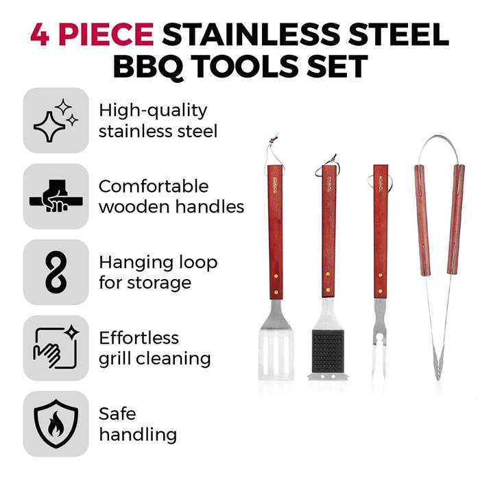 Tower 4 Piece BBQ Tool Set with Red Maple Wood Handles, Spatula, Fork, Tongs & Cleaning Brush - 609442