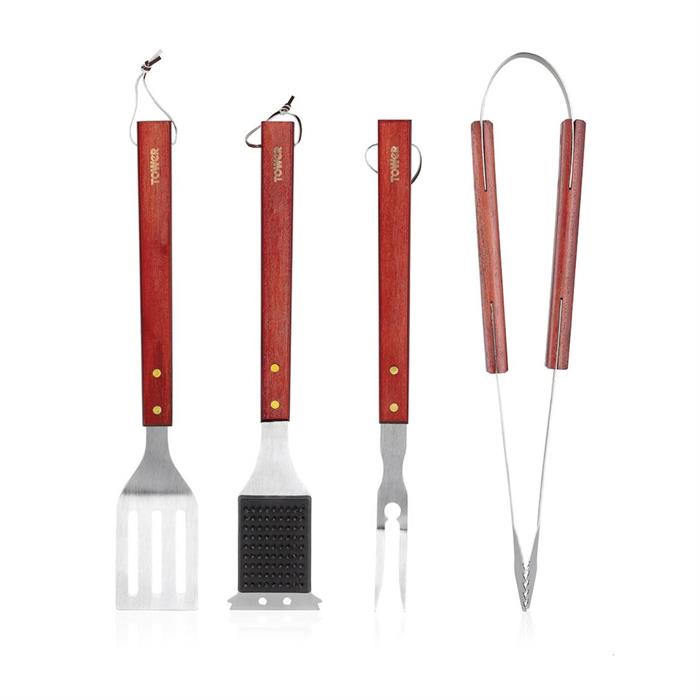 Tower 4 Piece BBQ Tool Set with Red Maple Wood Handles, Spatula, Fork, Tongs & Cleaning Brush - 609442