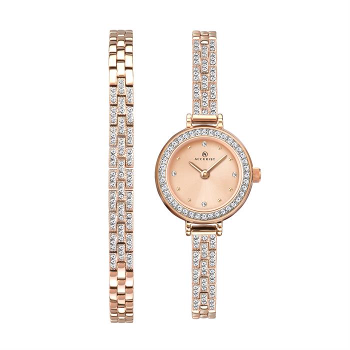 Accurist Ladies Rose Gold Stone Set 2 Piece Watch Gift Set  - 635878
