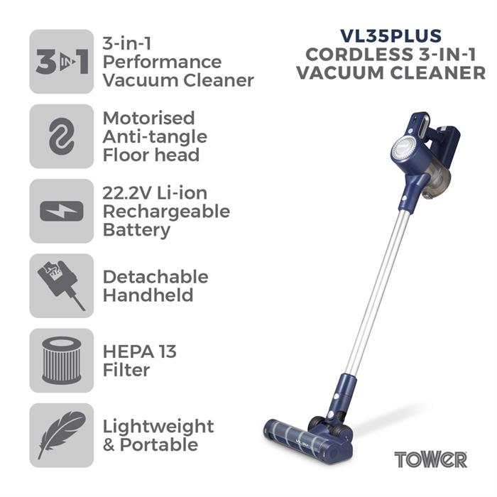 Tower VL35 Cordless 3 in 1 Vacuum Cleaner with HEPA Filter & Anti- Tangle Floor Head - 675589