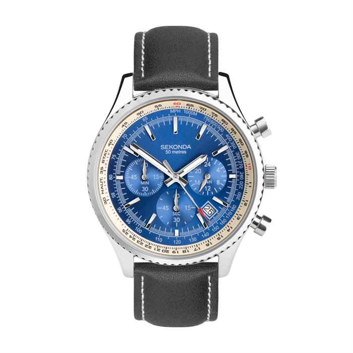 Sekonda Gents Blue Dial Chronograph Watch with Leather Strap - 727283
