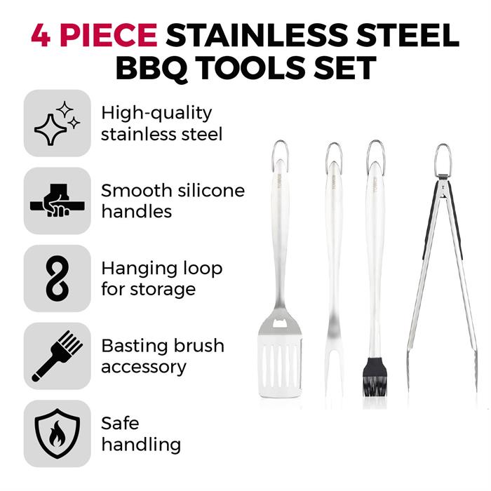 Tower 4 Piece BBQ Tool Set with Hanging Loop, Including Spatula, Fork, Tongs & Basting Brush - 771495