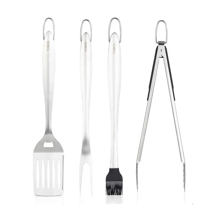 Tower 4 Piece BBQ Tool Set with Hanging Loop, Including Spatula, Fork, Tongs & Basting Brush - 771495