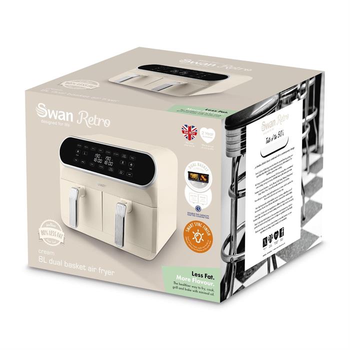 Swan Retro Dual Basket Air Fryer with Swan Cyclone Technology, LED Display and 8 Pre-Set Functions 8L - 989868